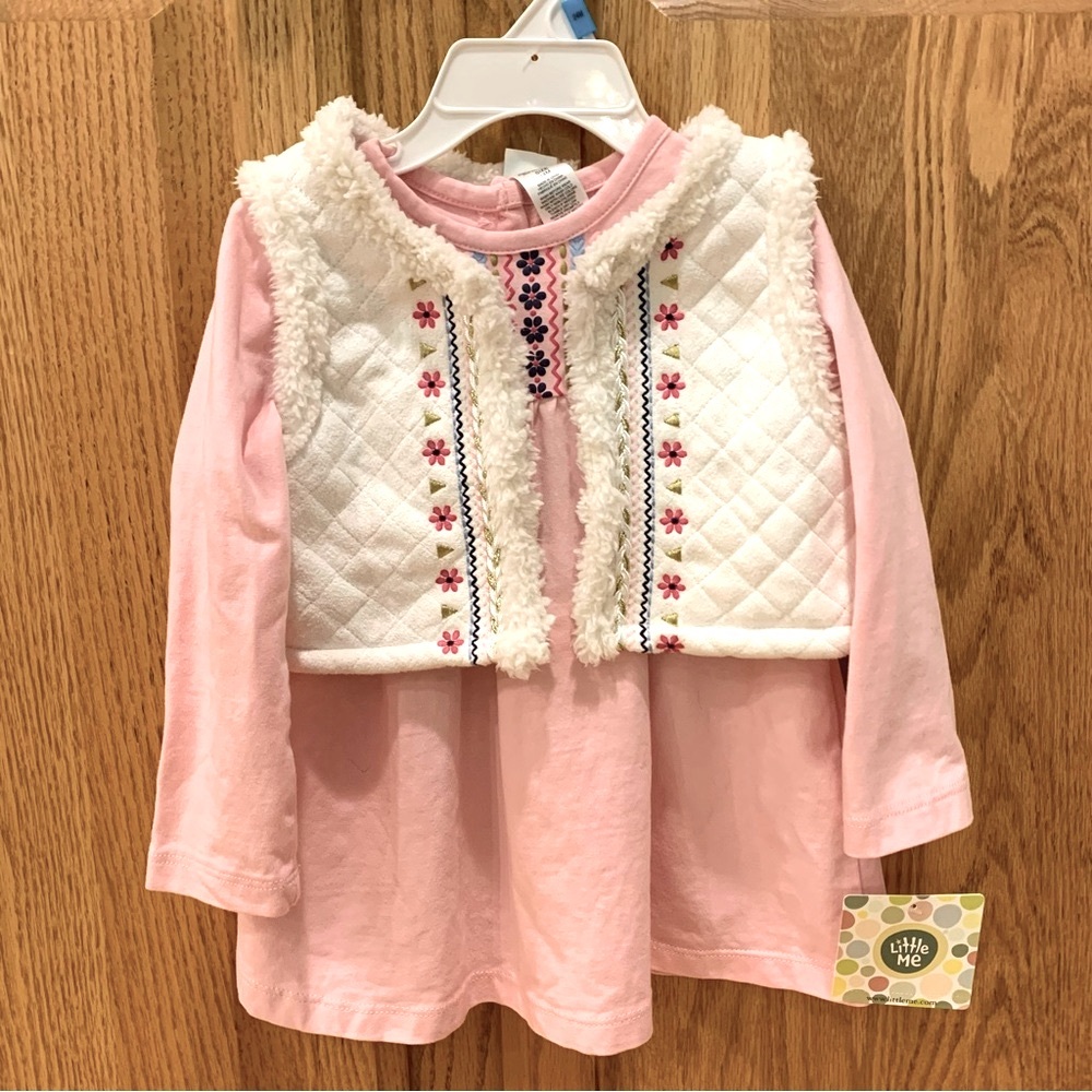 NWT Little Me 2 Pc Dress / Fleece and faux Suede embroidered Vest, Size 24 Mos
